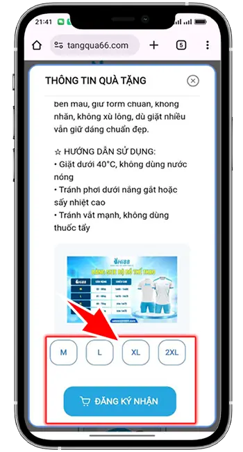 Bước 4. Nếu quà tặng có SIZE, chọn SIZE áo phù hợp -> Nhấn ĐĂNG KÝ NHẬN